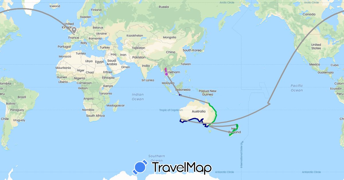 TravelMap itinerary: driving, bus, plane, cycling, train, hiking, boat, hitchhiking, motorbike in Australia, France, Indonesia, New Zealand, French Polynesia, Thailand (Asia, Europe, Oceania)