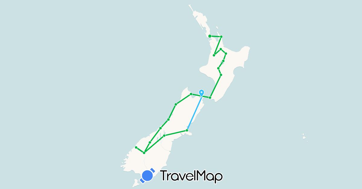 TravelMap itinerary: bus, boat in New Zealand (Oceania)