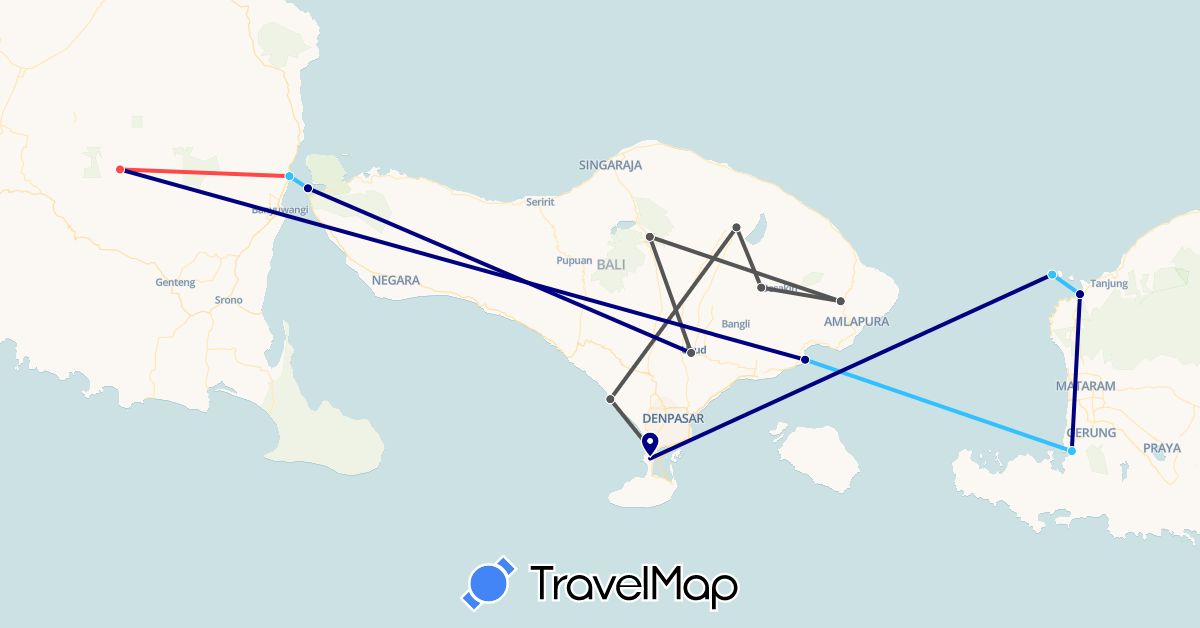 TravelMap itinerary: driving, hiking, boat, motorbike in Indonesia (Asia)